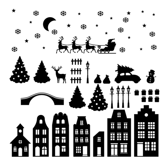 Kerst Raamstickers 60+ delig - Herbruikbaar - Kerstdorp - Zwart - Raamdecoratie - Kerst Decoratie